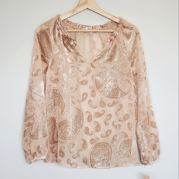 Nanette Lepore Burnout Velvet Paisley Peasant Blouse Pale Gold - Picture 3 of 9